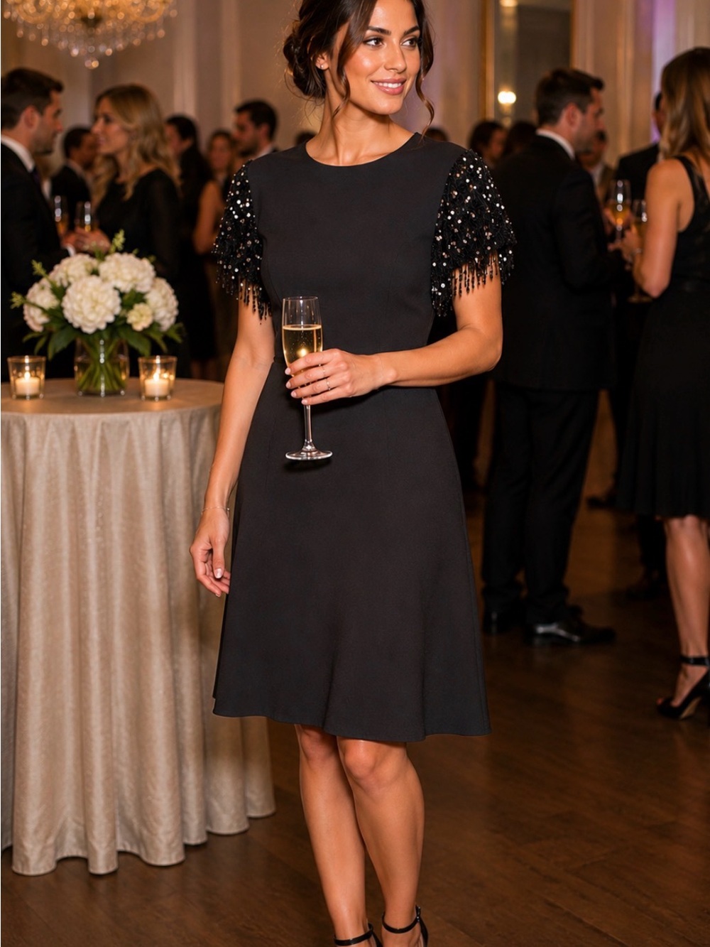Kate Spade Elegant Black Cocktail Dress with Sequin Fringe Sleeves